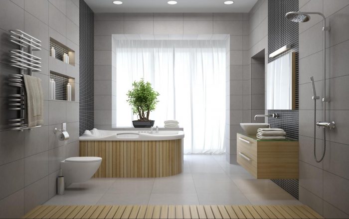 A modern bathroom with wall panels.
