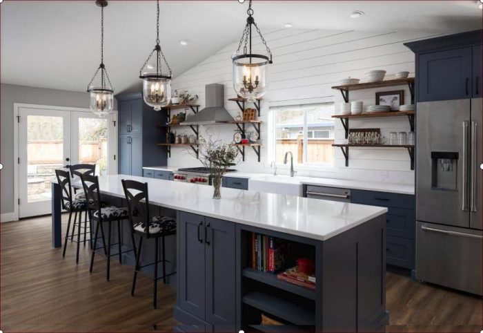Kitchen remodeling with blue cabinets and a center island.
