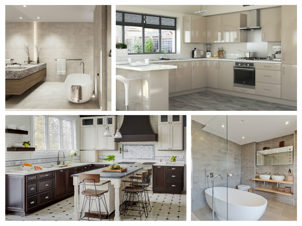 A collage of pictures showcasing kitchens and bathrooms to increase the value of a house.