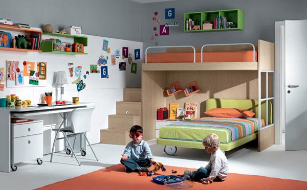 A children's room with a bunk bed and desk designed for lower stress.
