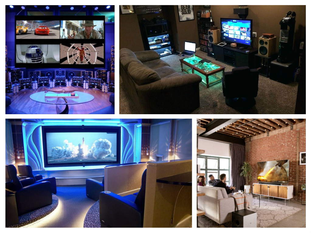 A technological haven featuring a collage of pictures of a home theater.