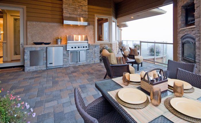 Outdoor living areas with a view of the mountains.