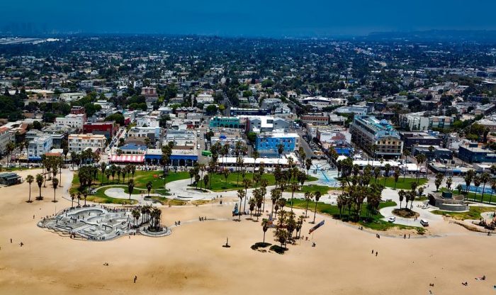 An aerial view of a beach in Los Angeles during a tour.