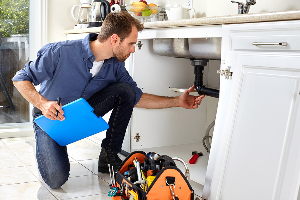 A professional plumber fixing a sink in a kitchen.