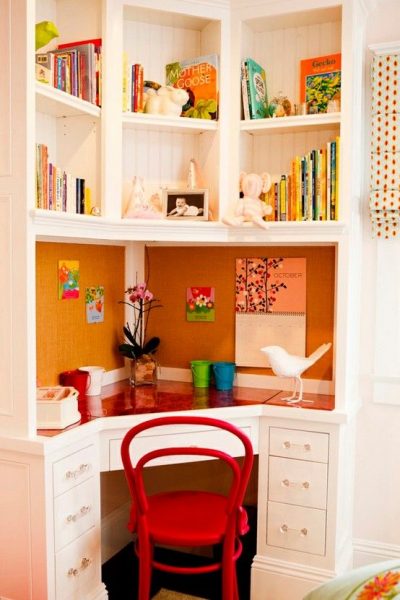 Seven storage ideas for a child's room with a desk and bookshelves.
