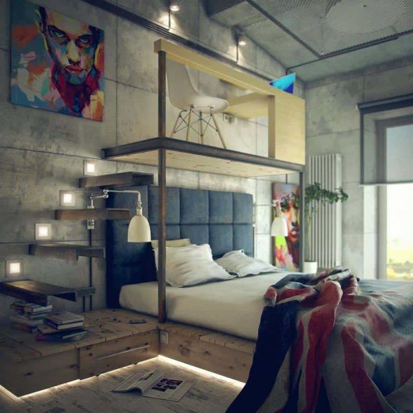 A studio apartment with a bed and a loft bed.