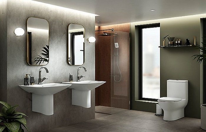 A modern bathroom with two sinks, a toilet, and a mirror.