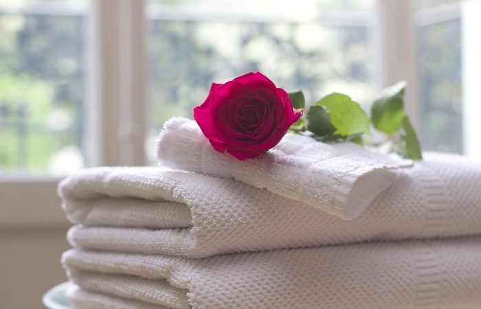 Bathroom towels with a red rose on top.