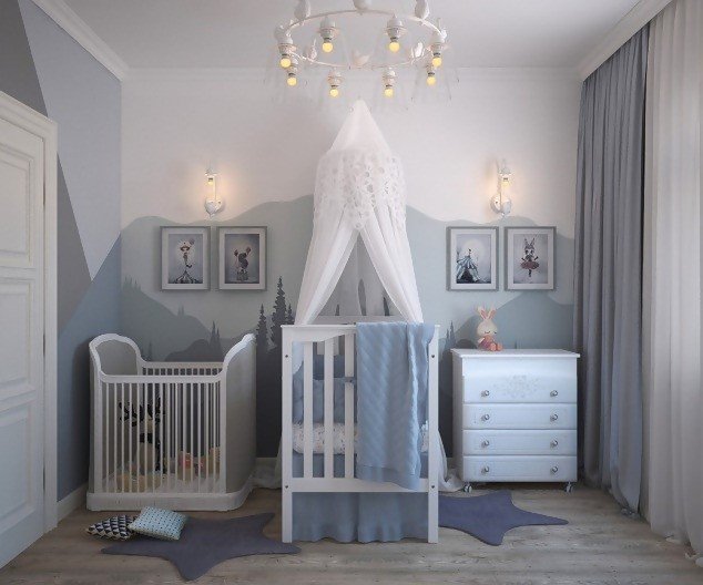A children's nursery room with a canopy.