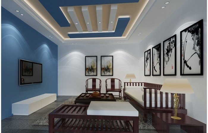 A 3d rendering of a living room with blue walls and white furniture featuring high ceilings.