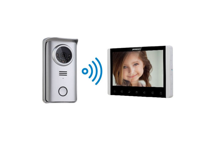 A security system with a video doorbell featuring an image of a little girl.