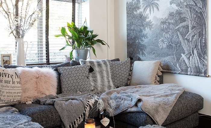 A living room with a grey couch.