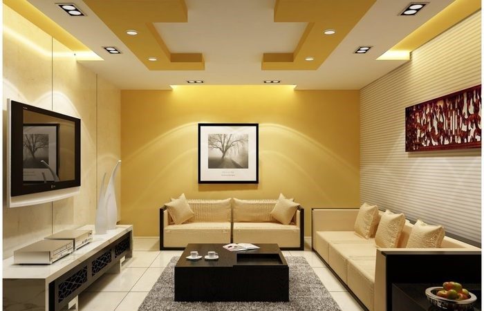A living room with yellow walls.