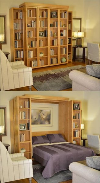 A room with a bed and storage bookcase.