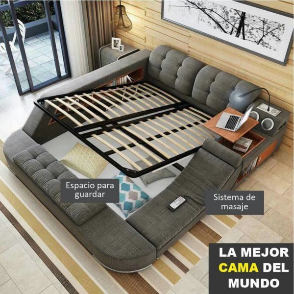 An image of a bed with a laptop on it showcasing storage functionality.