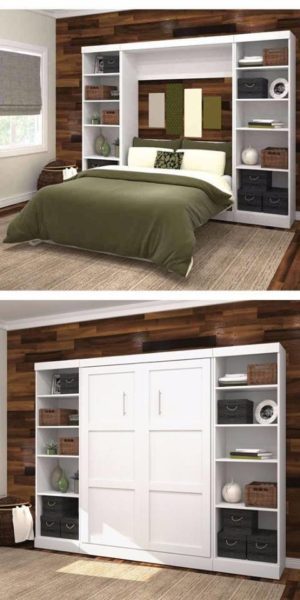 Two pictures of storage beds with shelves and a bookcase.
