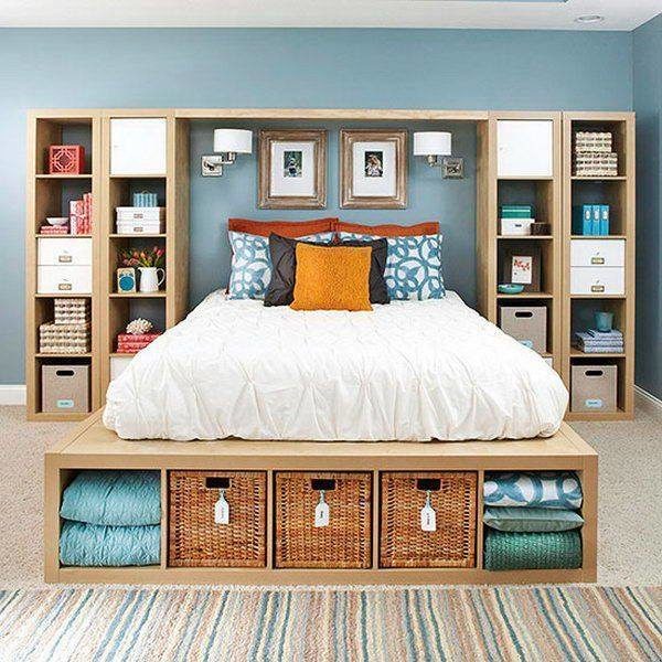 A bedroom with a bed and ample storage.