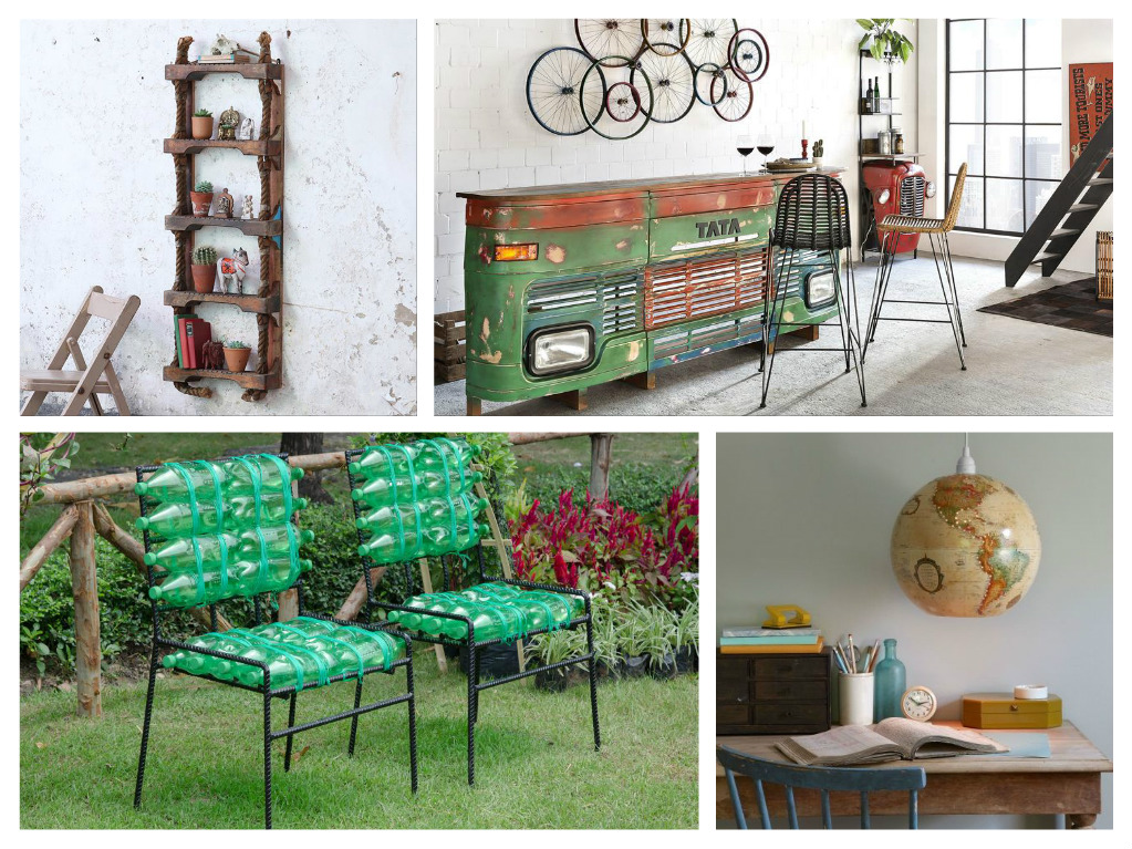 A collage of upcycled items in a home.