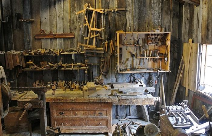 An old woodwork shop with many tools on display.