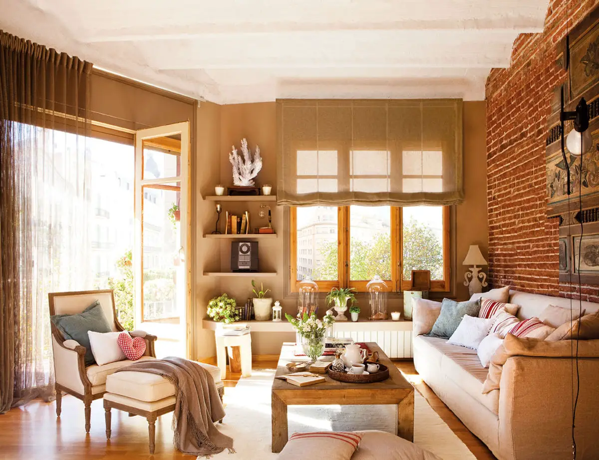 A house with brick walls and beige furniture.