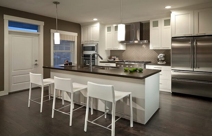 A modern kitchen with white cabinets and stainless steel appliances. (Keywords: Color)