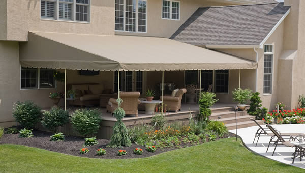 A patio with an awning.