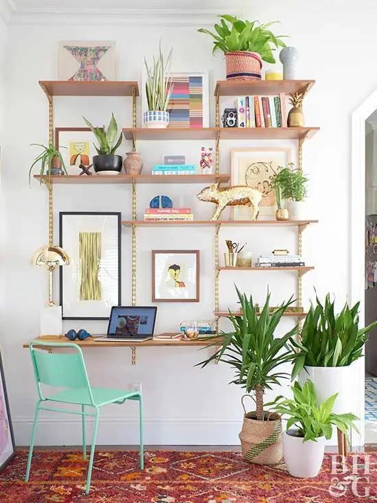 An inspirational home office with a desk, bookshelves, and plants.