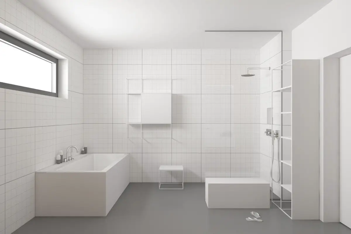 A white bathroom with a bathtub and sink featuring shower room designs.