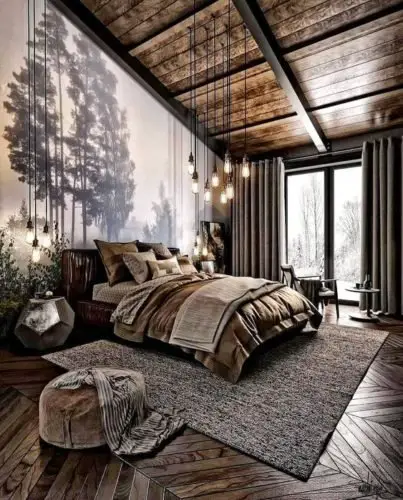 A bedroom with wood floors and a large bed featuring Instagrammable interior ideas.