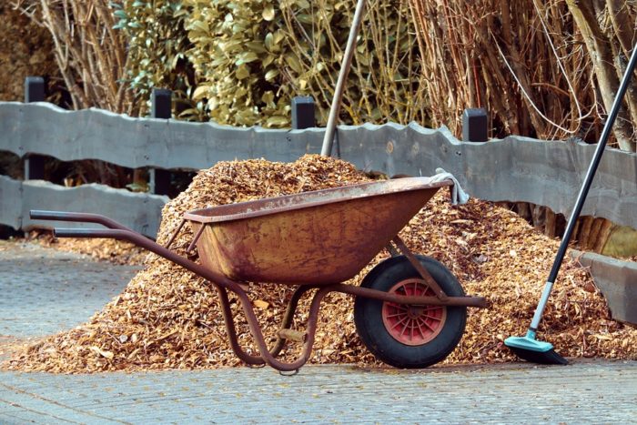 A wheelbarrow full of wood chips.