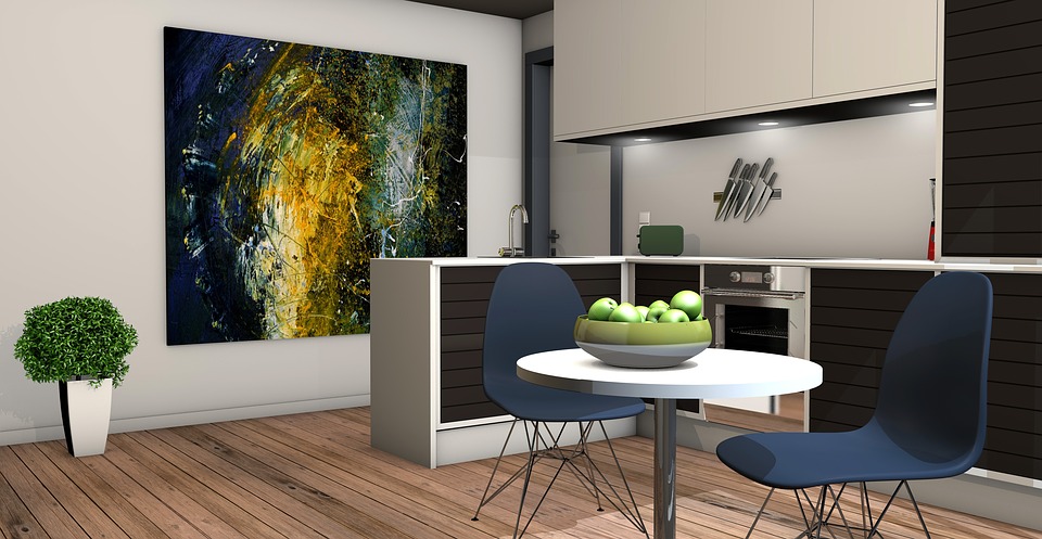 A 3D rendered kitchen featuring a painting on the wall, suitable for families with children.