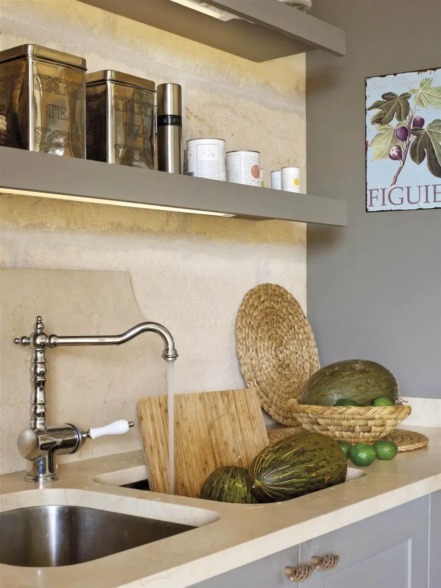 Renovate a kitchen with shelves and fruit.