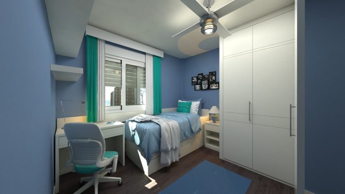 A blue and white bedroom with a bed and desk - Bedroom, Blue.