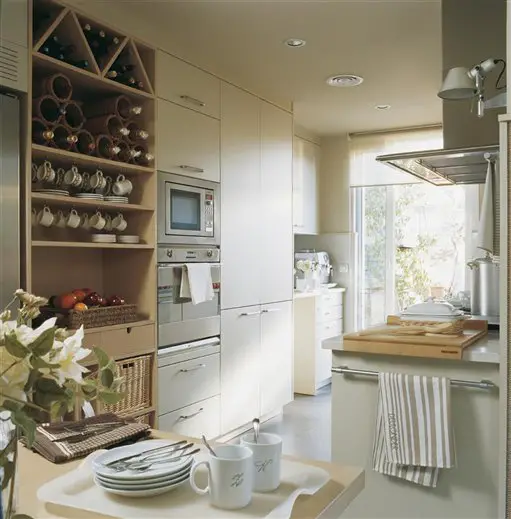 A small kitchen with white cabinets and white counter tops in a modern kitchen design.