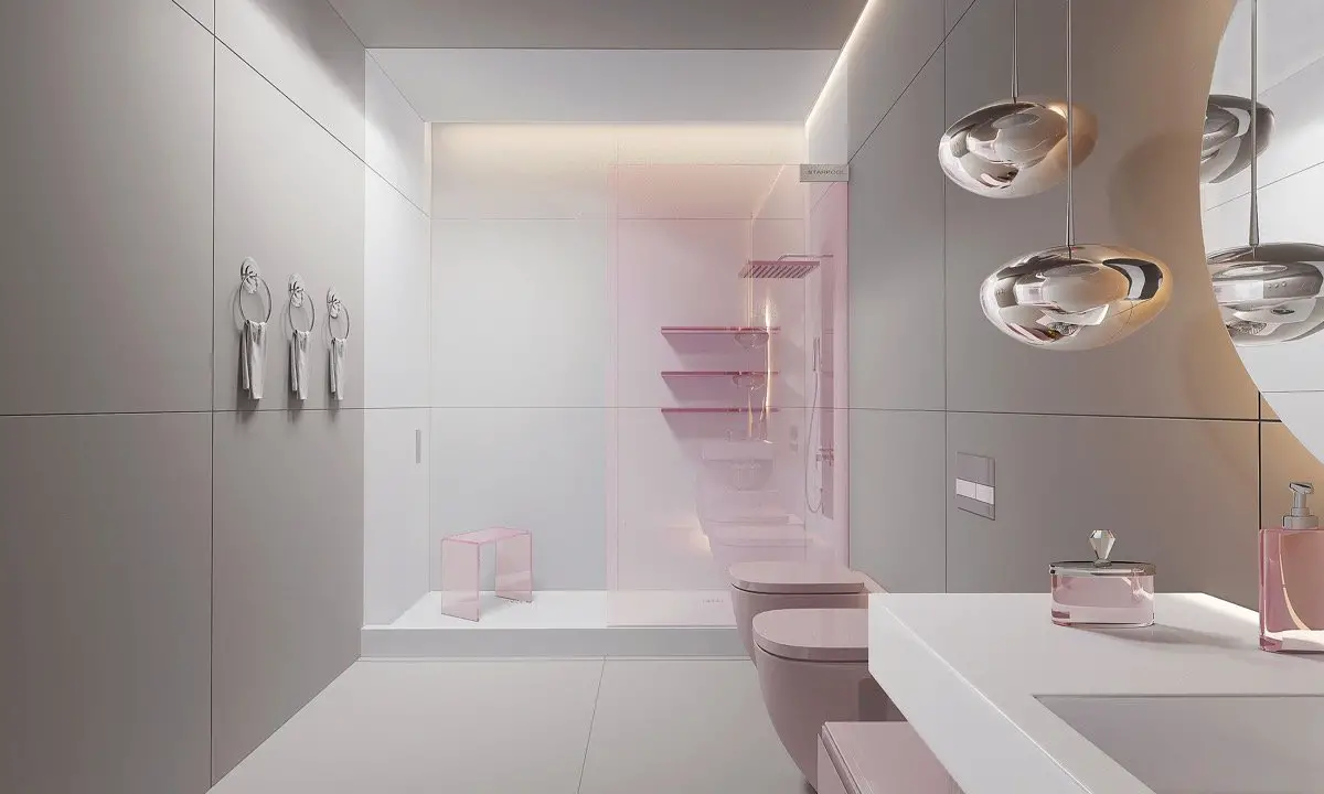 Modern bathroom interior with reflective spherical lights.