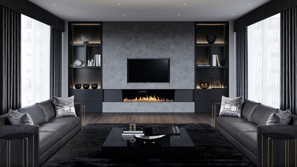 A stunning black and grey living room with a fireplace.