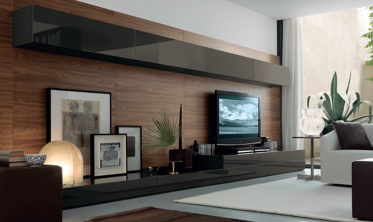 A stunning living room with a wooden wall and TV.