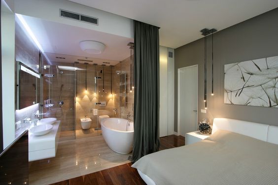 A modern shower room with a bathtub.