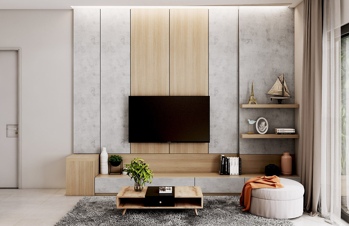A stunning living room with a modern wooden TV wall design.