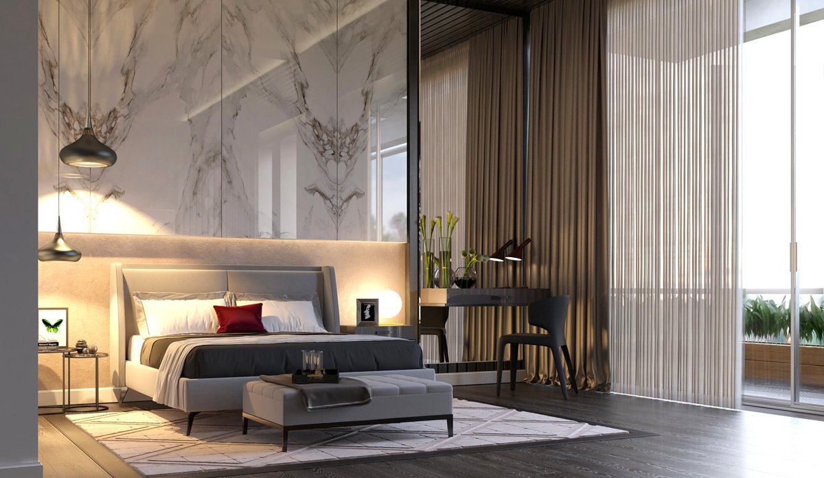 A luxurious bedroom with marble walls.