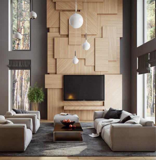 A stunning modern living room with wooden walls and a TV.