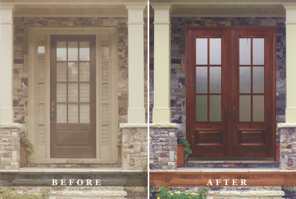 A before and after picture of a replaced front door.