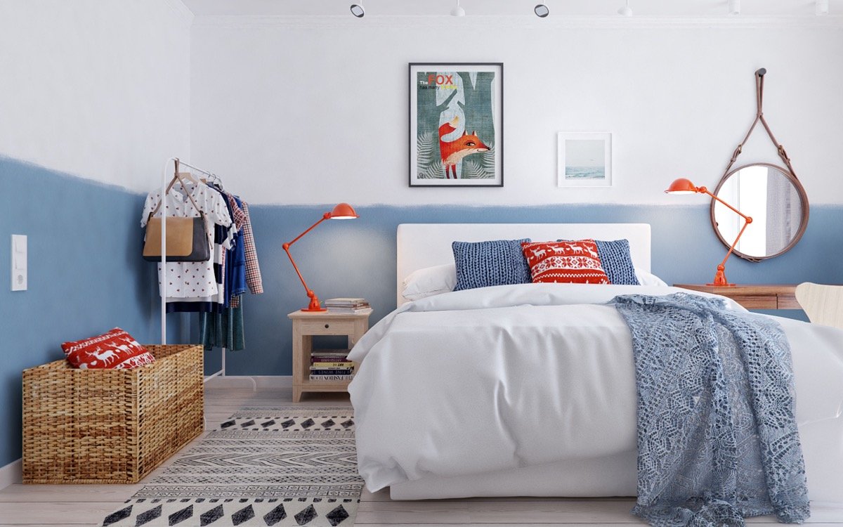 A Scandinavian-inspired blue and white bedroom.