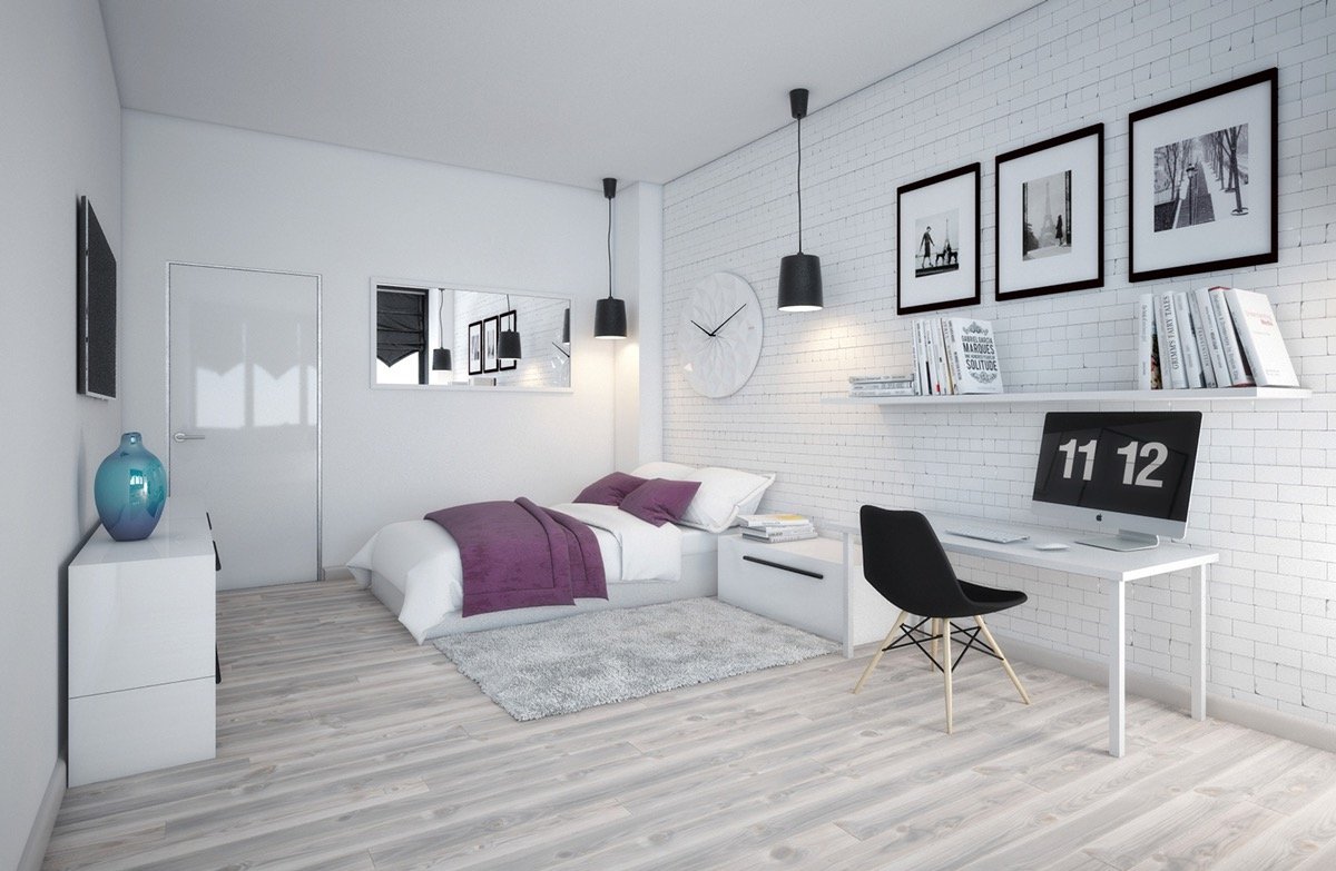 Scandinavian-inspired white bedroom featuring a purple bed and a desk.