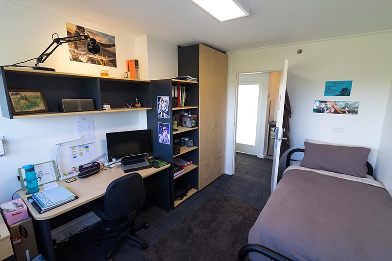 A student room with a bed and desk.