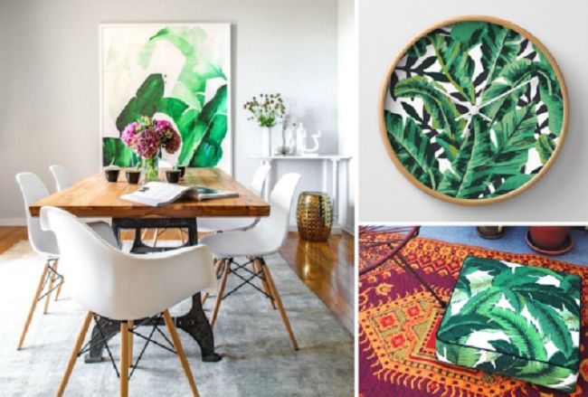 A collage featuring tropical decor in a dining room.