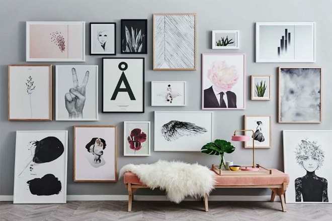 A gallery filled with framed pictures.