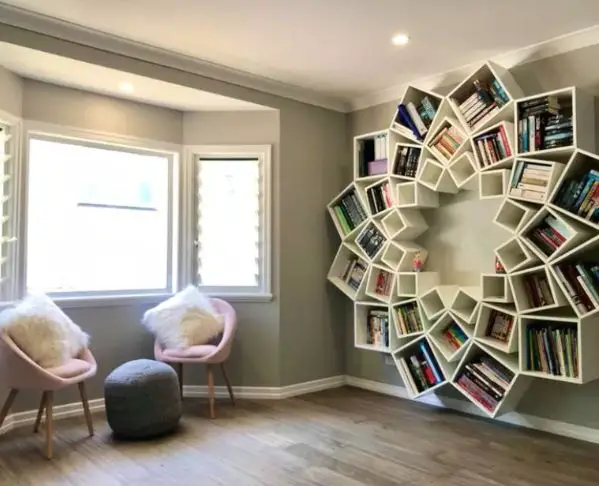 A DIY bookshelf in a room.