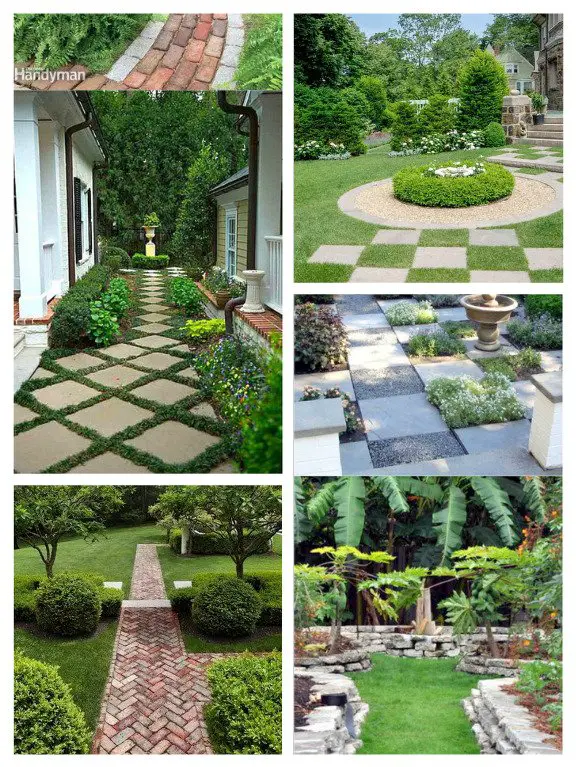 A collage of DIY garden path landscape designs.
