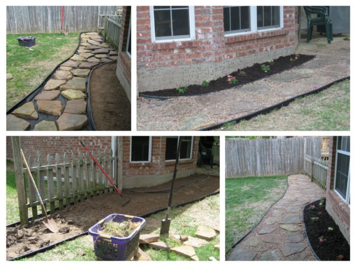 Four pictures of a DIY backyard with a stone walkway.